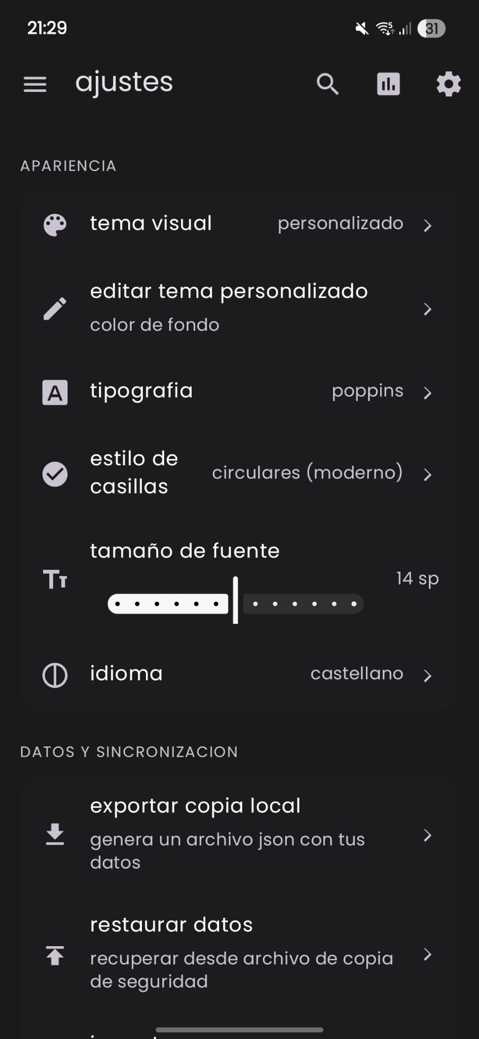 polar. settings screen